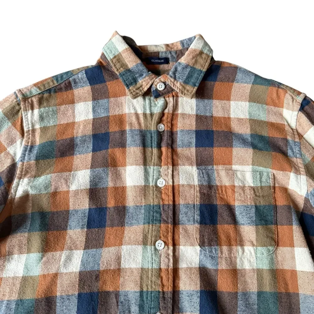 J.Crew Men's Brown Green & White Buffalo Check Long Sleeve Flannel Shirt- Size M